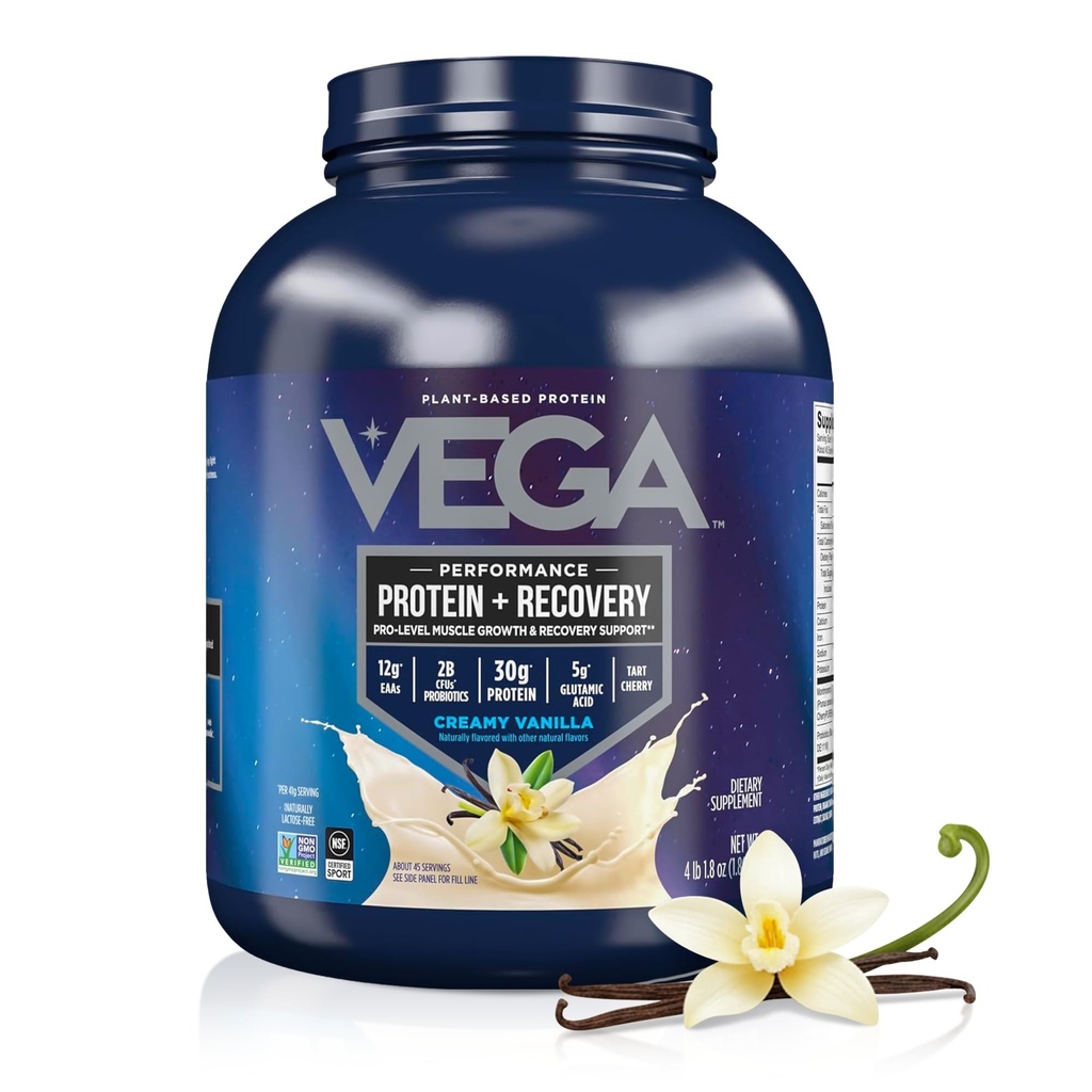 Vega Sport Vegan Protein Powder + Recovery - 30g Plant Based Protein per Serving, Vanilla, 45 Servings, 5g BCAAs, Probiotica, NSF Certified, For Shakes & Smoothies, 4.1lbs (Packaging May Vary)