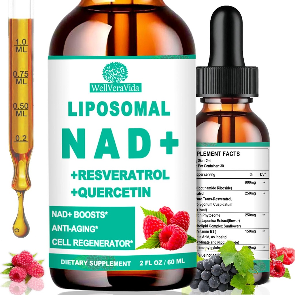 NAD-supplementen voor vrouwen & mannen, liposomale NAD Nicotinamide Riboside Resveratrol 900mg, TMG, quercetine, vitamine B3, Organische vloeibare NAD Resveratrol Supplement voor levensduur, energie, anti-aging, focus