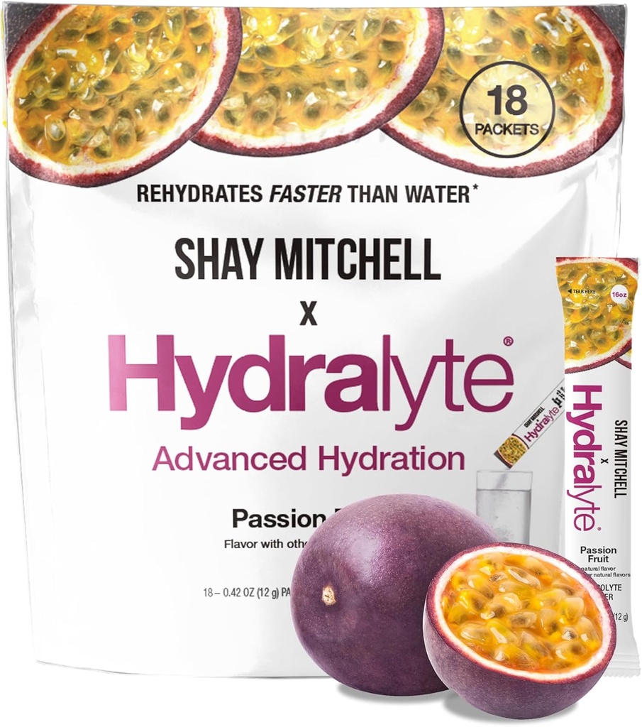 Hydralyte Shay Mitchell Electrolyte Powder Packets, Low Sugar Rapid Rehydration, Hydration Powder for Heat, Travel, Oefening en Bachelorette Partys (Passion Fruit)