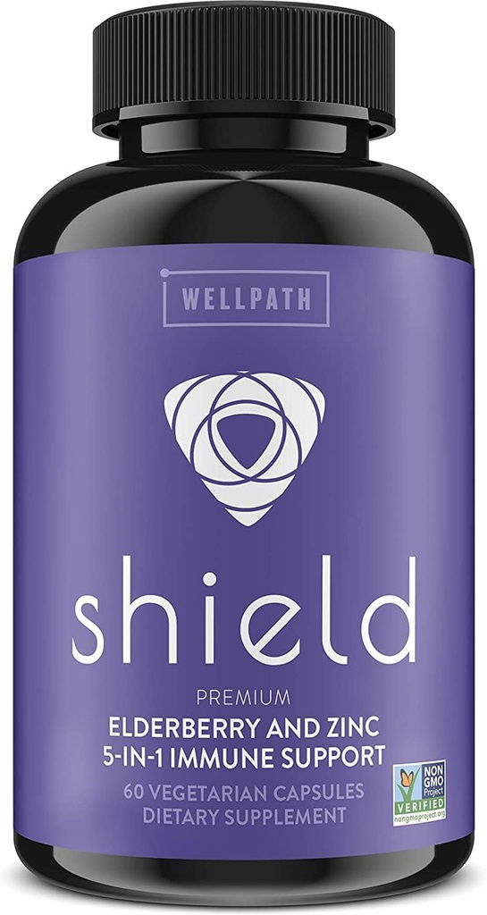 WellPath Shield Elderberry Capsules - 5-in-1 Immune Support Booster met zink, vitamine C, Echinacea, Bee Propolis - Premium Zink Supplement - 600 mg Sambucus Black Elderberry Pillen voor volwassenen - 60 Ct