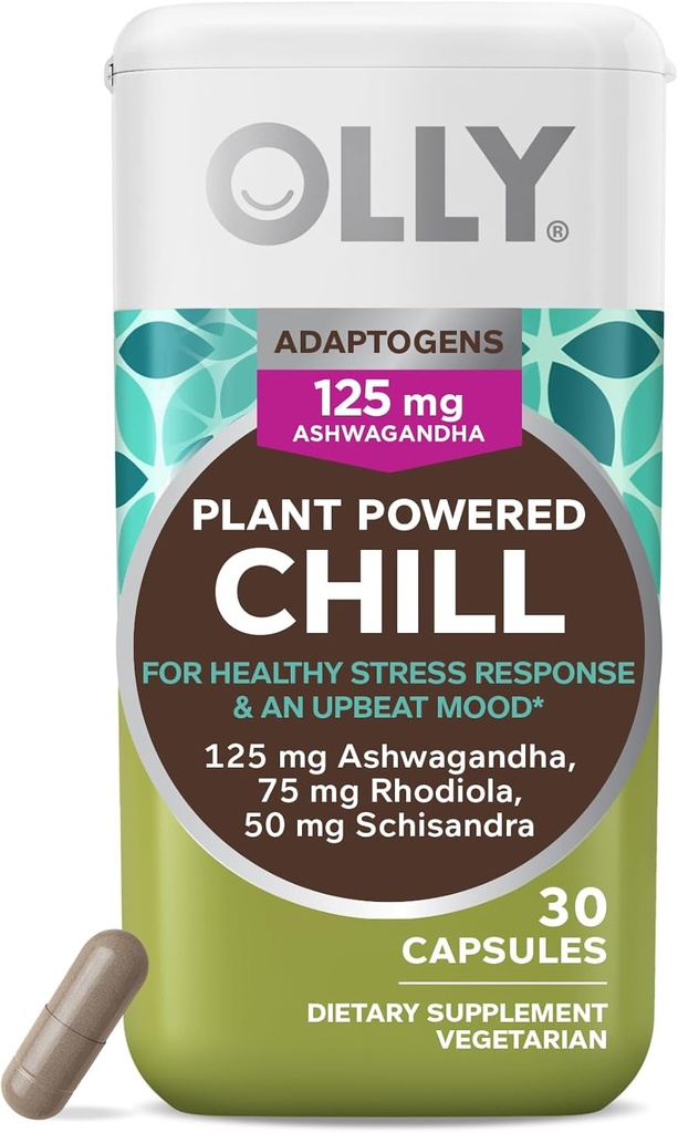 OLLY Chill Adaptogen, Ashwagandha, Mood Support Supplement met Rhodiola Root, Vegetarische Capsules - 30ct
