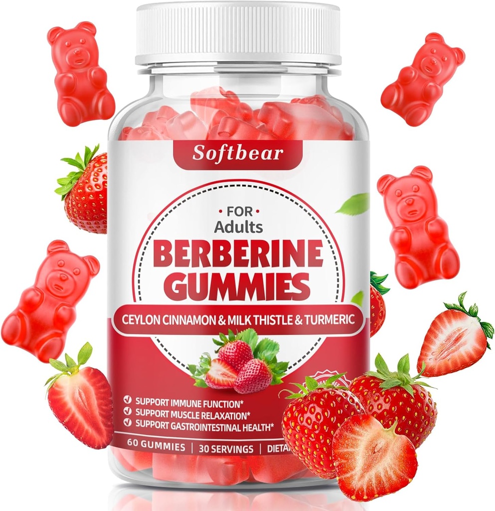 softbear Berberine met Ceylon Cinnamon Gummies Biologische Berberine HCL 1500mg voor Metabolisme Immune Health Suikervrije Berberine Supplementen Aardbei Flavored 60 Tellen