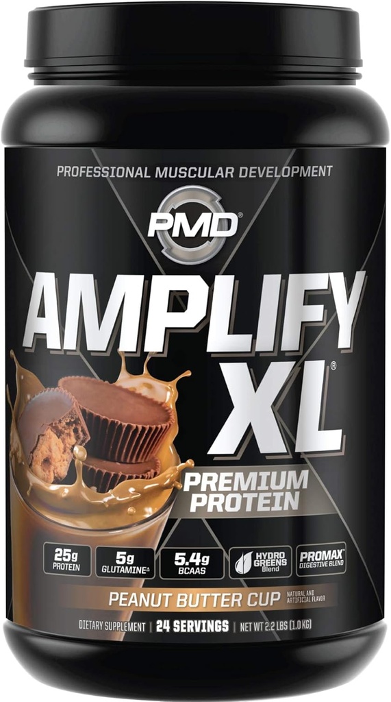 PMD Sports Amplify XL Premium Wei Proteïne Supplement Hydro Greens Blend - Glutamine en Wei Proteïne Matrix met Superfood voor spier, kracht en herstel - Pindakaas Cup (24 Servings)