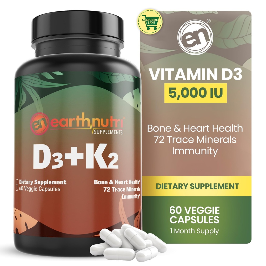 EarthNutri Vitamin D3 K2 Supplement 5000 IE Inclusief K2 van MENA Q7, D3 van Vitashine, Calcium van Aquamin & 72 Trace Minerals voor Immune, Bone & Heart Health, Non-GMO 60 Veg Capsules