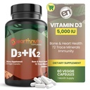 EarthNutri Vitamine D3 K2 Supplément 5000 UI – Comprend K2 de MENA Q7, D3 de Vitashine, Calcium d'Aquamin & 72 Trace Minerals – pour la santé immunitaire, osseuse et cardiaque – Non-OGM – 60 Capsules de Veg
