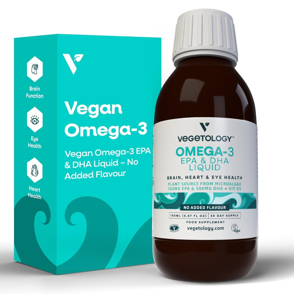 Vegan Omega 3 Liquid, van Microalgen, 800mg van EPA DHA, met vitamine D3, ondersteunt hart, hersenen en ooggezondheid, natuurlijke visolie alternatief, Verenigd Koninkrijk gemaakt, ongearomatiseerd