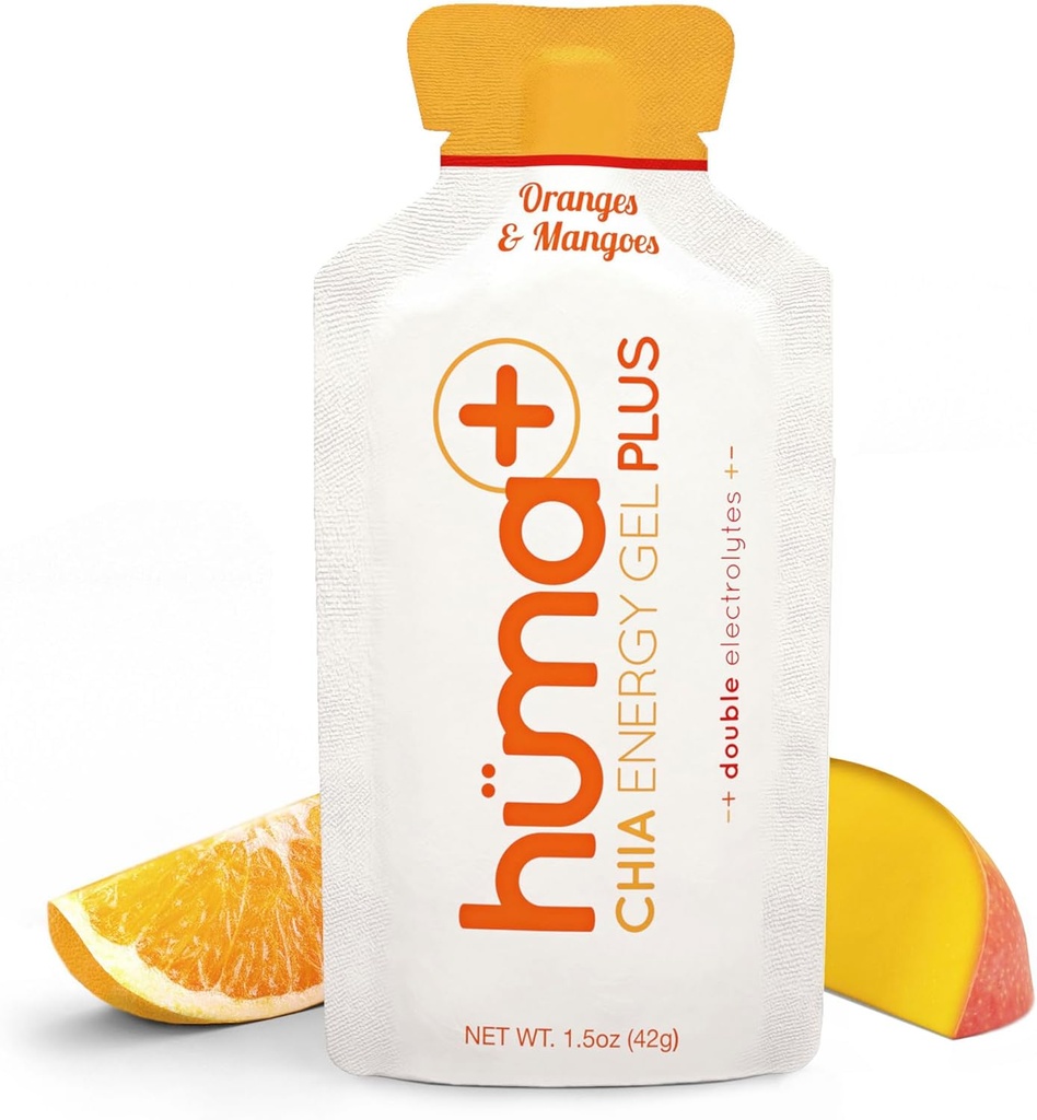 Huma Plus (Dubbele Elektrolyten) - Chia Energy Gel, Orange Mango, 24 Gels - Maagvriendelijk, Real Food Energy Gels