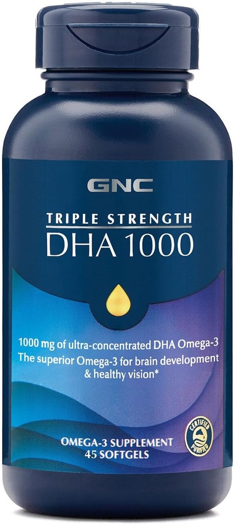 GNC Triple Strength DHA 1000 Omega 3 Supplement, 1000mg DHA, Ondersteunt Hersenontwikkeling en gezonde visie, 45 Softgels