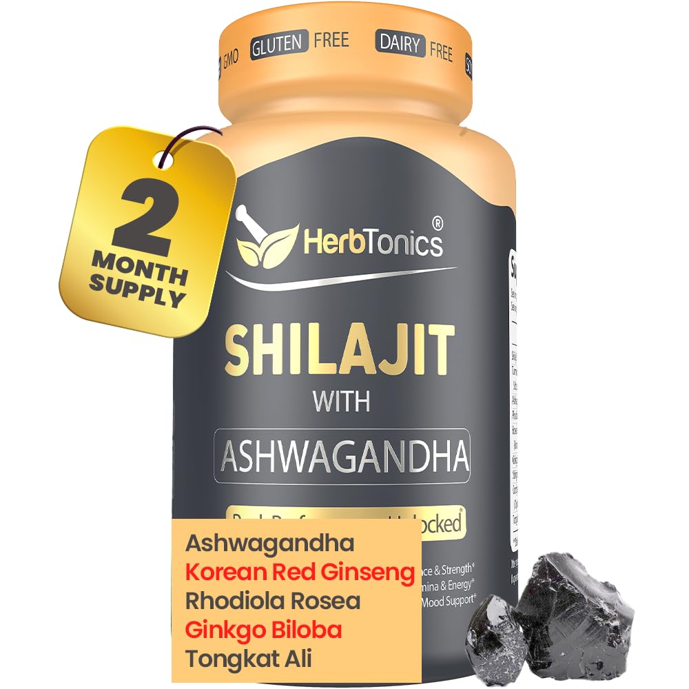 Herbtonics Shilajit pour hommes et femmes avec Ashwagandha, Ginseng rouge coréen, Rhodiola Rosea, Ginkgo Biloba, Tongkat Ali.