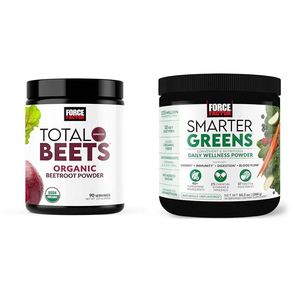 Force Factor Total Beets Organic Beetroot Powder Superfood to Boost Daily Nutrition, USDA Organic & Smarter Greens Daily Wellness Powder to Support Energy, Immunity & Digestie