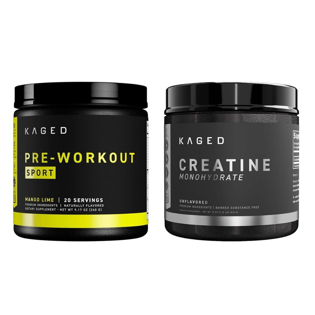 Kaged Pre Sport Pre Workout Powder Mango Lime Creatine Monohydraat Micronized Powder Bundle, Energy & Muscle Recovery Supplement Pack, 20 Servings Pre-workout + 100 Servings Createine