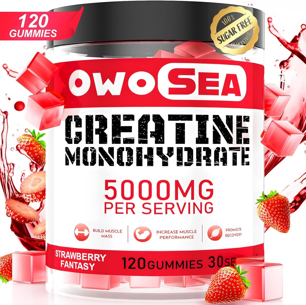 Creatine Monohydraat Gummies for Men & Women 5000mg Creatine Monohydraat per Serving for Muscle Support Energy Boost 120 Count Chewable 5g Creatine Supplement Sugar Free Vegan (1 Pack, Aardbei)