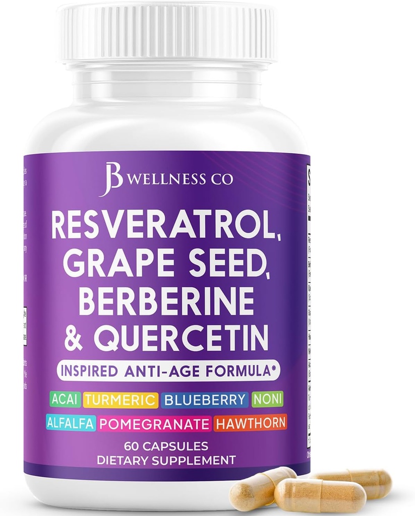 JB Wellness Resveratrol Grape Seed Extract, Berberine, Quercetin - Polyfenol Supplement voor vrouwen en mannen met Noni Extract, N-Acetyl Cysteine, Acai Extract - 60 Capsules