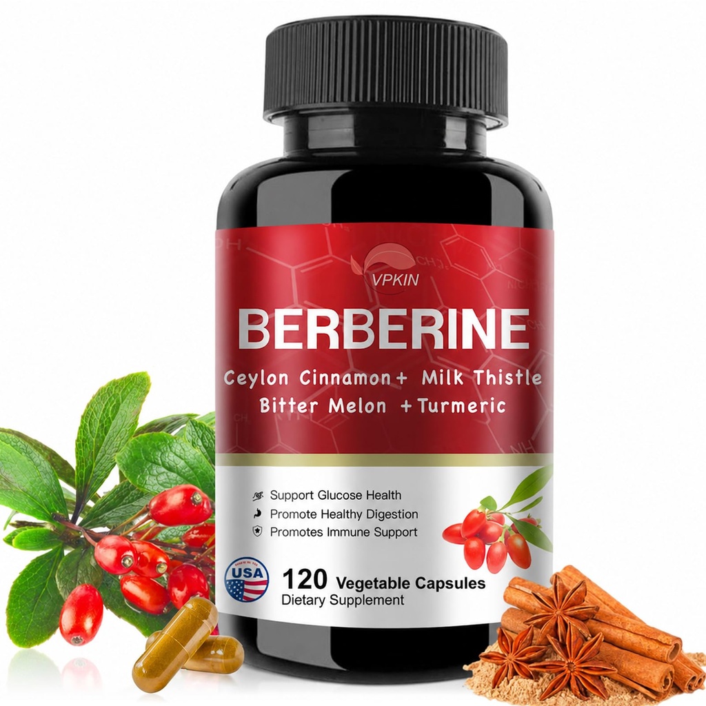 Supplément berbère 19 060mg,Berbère avec cannelle Ceylan, Melon amer, Thistle de lait, Supplément de HCl berbère(120 Capsules)