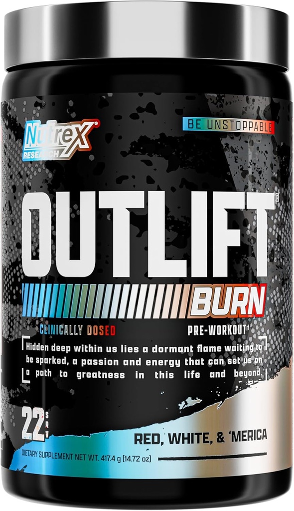 Nutrex Outlift Burn Pre-Workout Supplement for Energy, Focus & Endurance | Metabolyte, L-Citrulline, Beta-Alanine & Caffeine | Thermogenic Formula for Performance(22 Servings, Red White Merica)