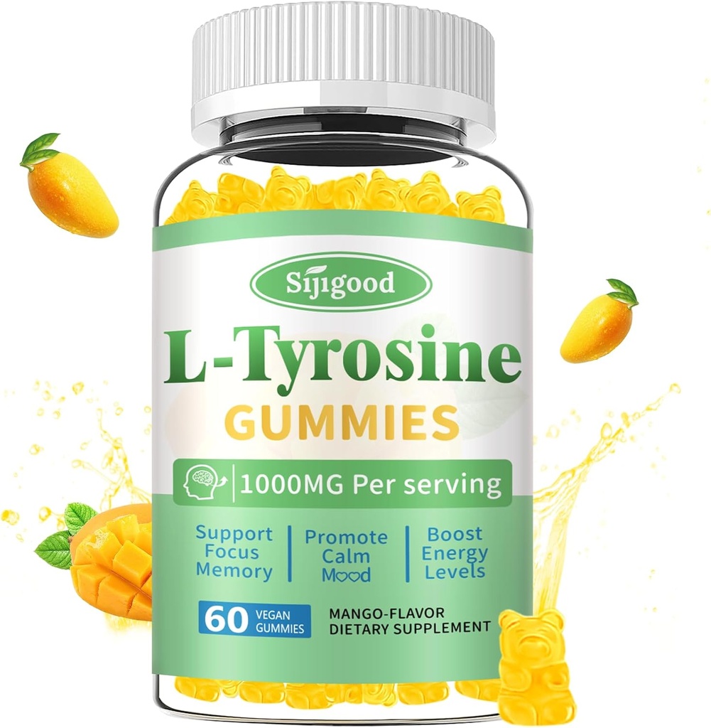 L-tyrosine Gummies voor volwassenen en kinderen - 1000mg L-tyrosine supplement Focus Gummies voor hersenen, Mood, energie ondersteuning, Vegan & Gluten-vrij, Mango smaak, 60 Tellen