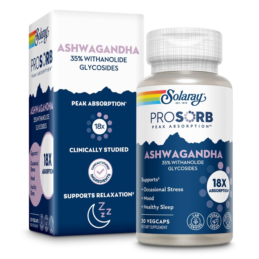 SOLARAY Ashwagandha Capsules 18X Absorptie - Ashwagandha Root and Leaf Extract 240 mg - Occasional Stress Relief and Mood Support Supplement - Vegan, 60 dagen garantie - 30 porties, 30 VegCaps