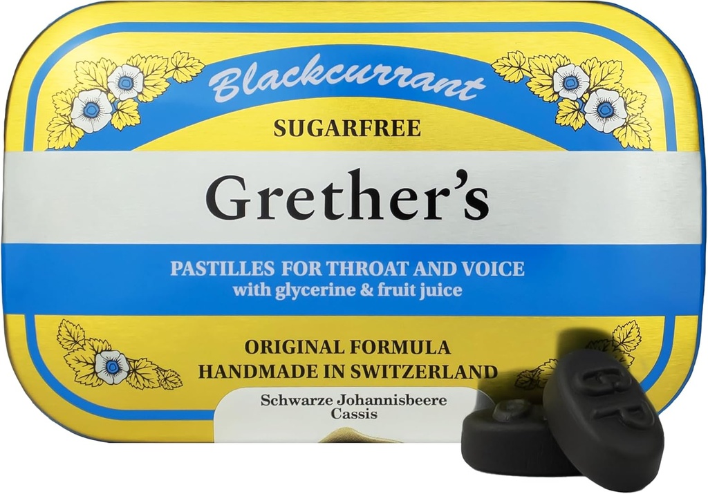 Grether's suikervrije zwarte bessenpastilles - natuurlijke droge mond verlichting - verzachtende keel & gezonde stem - geschenk voor zangers - 3,75 oz. 1 verpakking