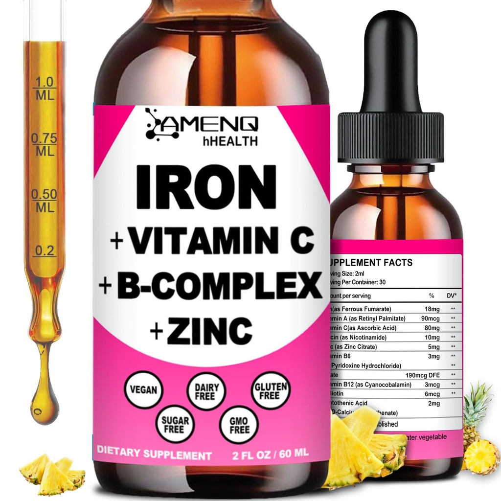 IJzersupplement voor vrouwen Mannen en kinderen, Ijzer Vitamine C, A, B-Complex, Vegan Iron Drops High Potency Liquid Vitamin & Iron Supplements for Anemie, Red Blood Cell, Energy, Blood Builder, Gentle