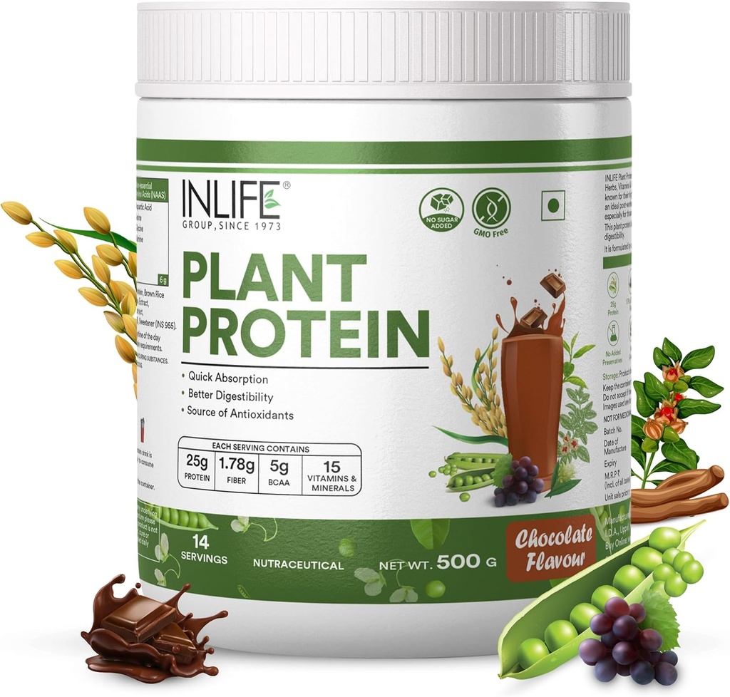 INLIFE Poudre de protéines végétales - Pois, quinoa et riz brun - 25g Protéines - Ashwagandha, extrait de thé vert et de graines de raisin - Supplément (500 g, chocolat)