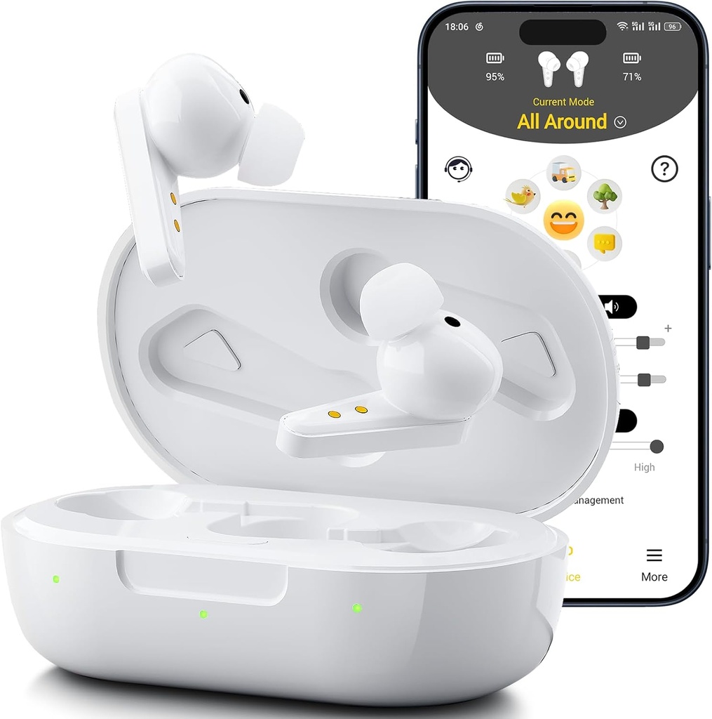 Aides auditives Kingwell OTC rechargeables, aides auditives Bluetooth pour les aînés avec l'application intelligente Appels activés sur iOS/Android, qualité sonore authentique, annulation du bruit sur 32 canaux DSP