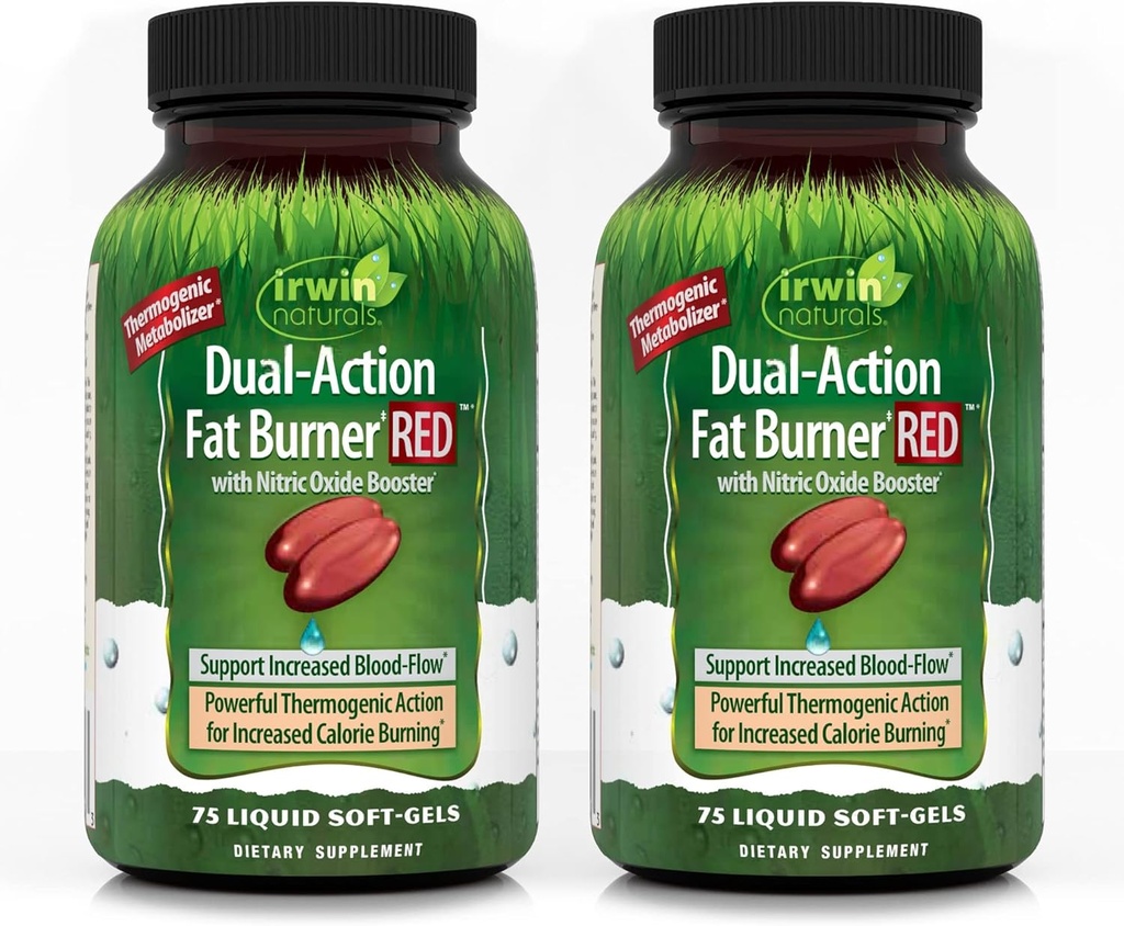 Irwin Naturals Dual-Action Fat Burner RED - 75 Liquid Soft-Gels, Pack van 2 - Krachtige Thermogenic met Nitric Oxide Booster - 50 Totaal porties
