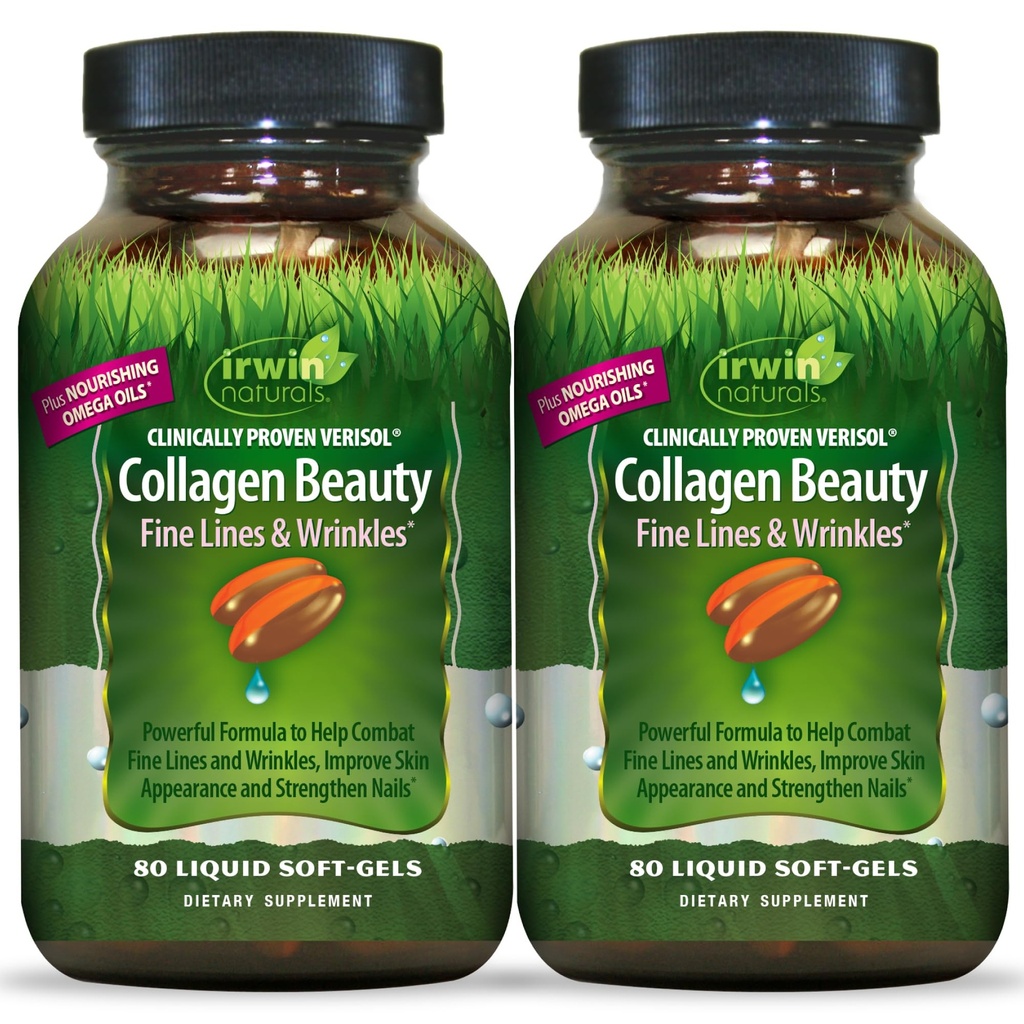 Irwin Naturals Collagen Beauty 80 Liquid Soft-Gels Advanced Skin, Hair & Nail Nurishment - 2 Pack