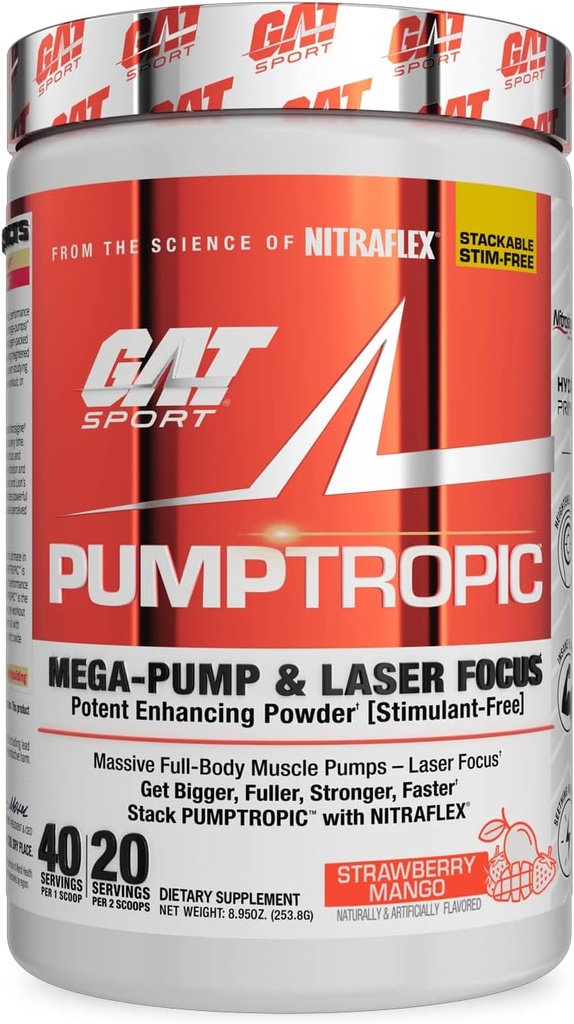GAT Sport Pumptropic Mega-Pump & Laser Focus Poudre d'Amélioration du Potentiel (Sans Stimulant), 40 portions (Mango de Strawberry)
