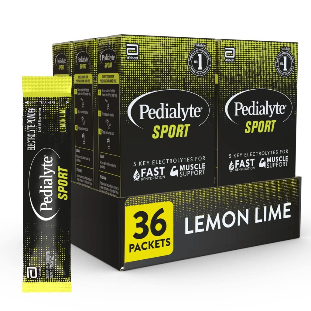 Pedialyte Sport Electrolyte poeder, snelle hydratatie met 5 belangrijke elektrolyten voor spierondersteuning voor, tijdens, & Na de oefening, Lemon Lime, 0,49-oz Packets (36 Tellen)
