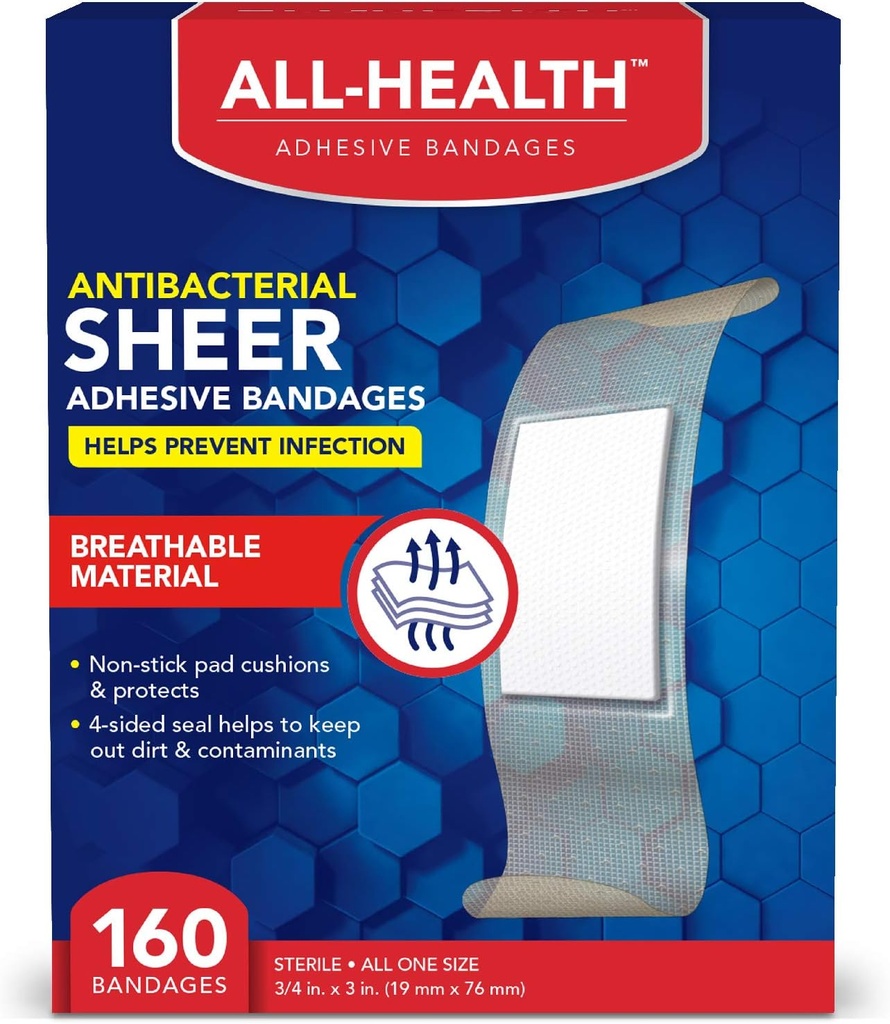 All Health Antibacterial Sheer Kleefbandages, 3/4 in x 3 in, 160 ct 