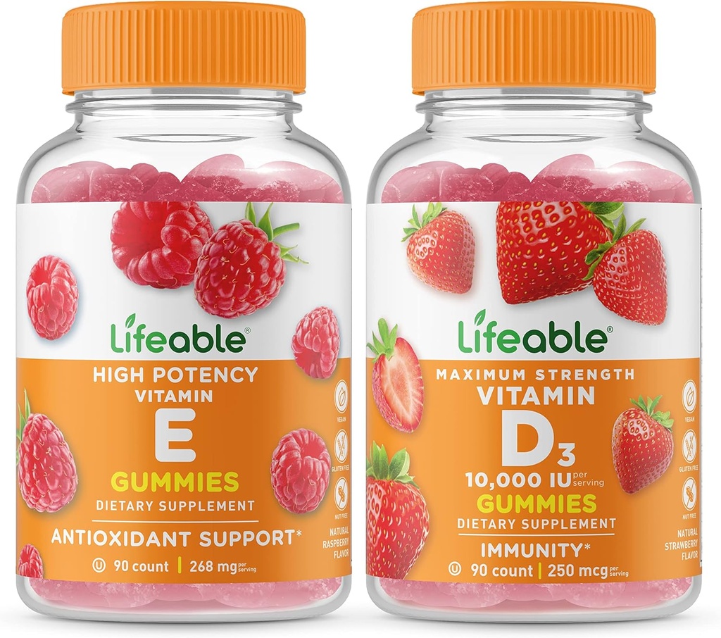Levensvatbare vitamine E + vitamine D 10000 IE, Gummies Bundle - Geweldig proeven, Vitaminesupplement, Glutenvrij, GGO-vrij, Kauwgom