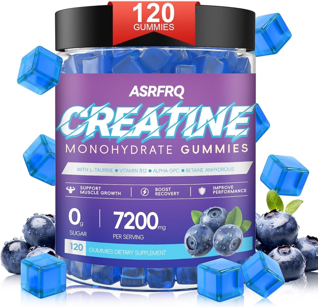 Creatine Monohydraat Gummies for Men & Women 120 CT - 7200mg Creatine Monohydraat per Serving, Kauwbare Creatine Monohydraat voor Spierondersteuning & Energy Boost, Sugar Free, Vegan (BlueberryFlavor)