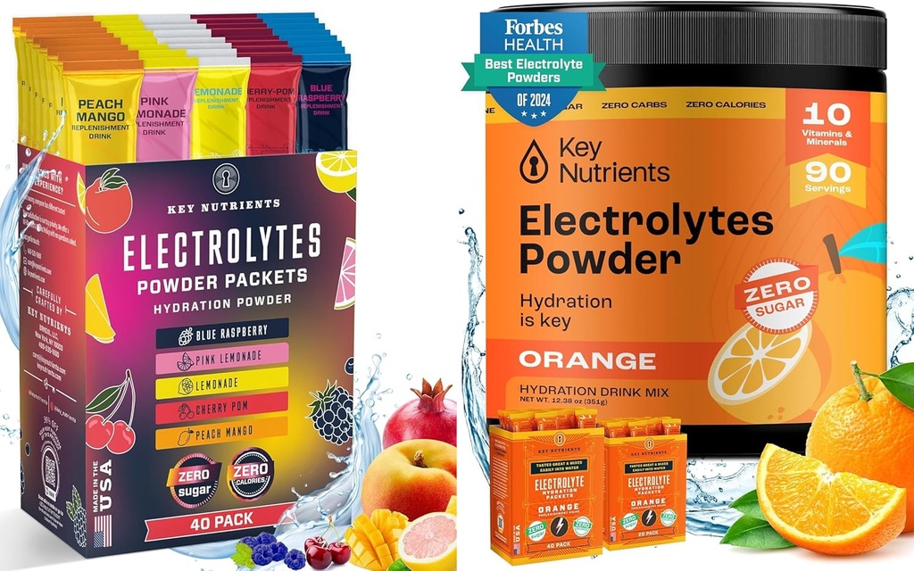 KEY NUTRIËNTEN Ultimate Hydration & Recovery Bundle: 40 Pack Multivitamine Hydration Packets & 90 Serves of Tangy Orange Electrolyte Powder - No Sugar, Gluten-Free, Keto-Friendly