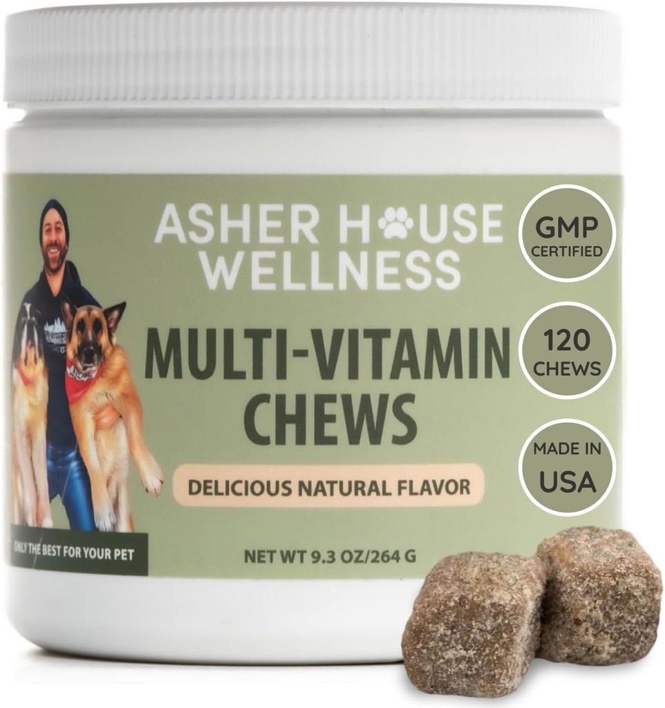 Asher House Wellness Honden Multivitamine Kauwen - Hondenvitaminen en Supplementen, Zachte Kauw voor Huisdier Honden met Probiotica, Vlaszaad, Colostrum - Uitgebreide gezondheidsondersteuning van Puppy tot Senior, 120 Kauwen