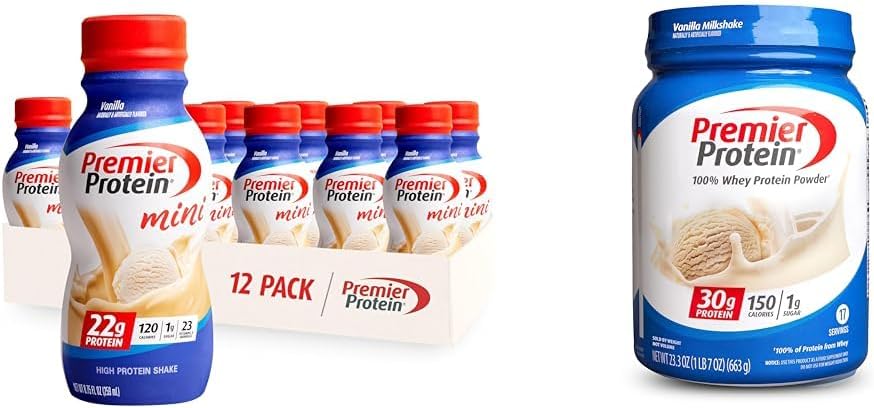 Premier Secouer les protéines MINIS Vanille 22g Protéine 120 Calories Pack de 12 et poudre Vanille milkshake 30g Protéine 17 portions 23.3 Ounces