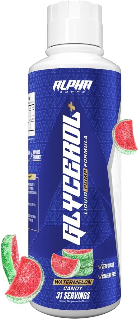 Alpha Supps Glycerol+ Liquid Pump Formula - Stim-Free Liquid Glycerol en Citrulline High-Prestance Supplement voor verbeterde spierpompen, Hydration, & Endurance (31 Servings, Watermelon Candy)