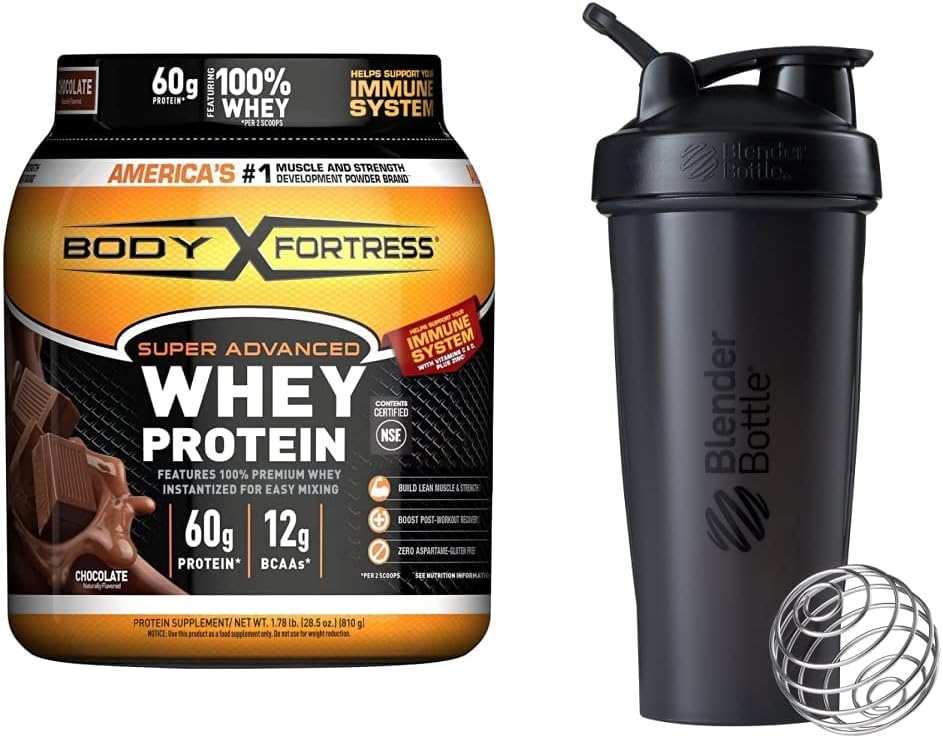 Body Fortress Super Advanced Whey Protein Powder, Chocolade (1,78 lbs) en BlenderBattle Classic Shaker Bottle (28 oz), Black