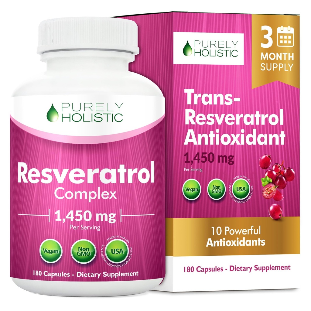 Resvératrol purement holistique 1450mg, 90 portions, supplément antioxydant trans-résvératrol avec vitamine C et complexe de polyphénol, 180 capsules véganes