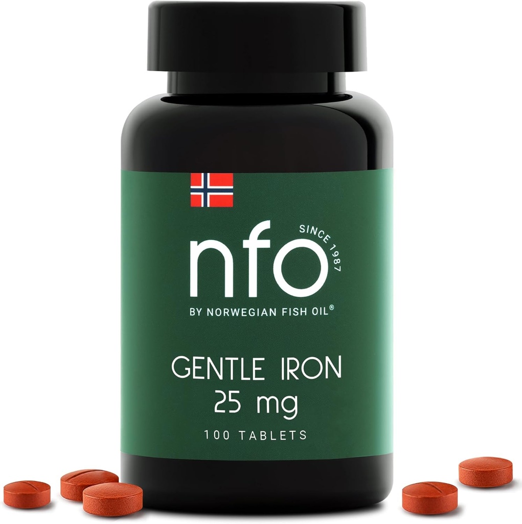 NFO Gentle Iron [100 Tablets] Norwegian High-Absorptie Iron Complex with Patented Ferrochel Chelated Iron, Gentle on The Mtomach, Vegan-Friendly, Non-Constipating