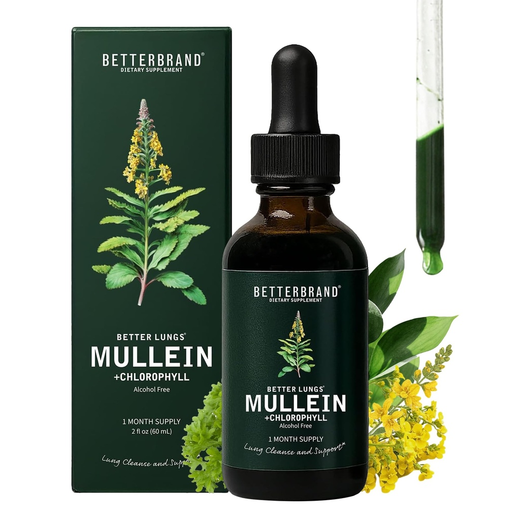 Betterbrand Mullein gouttes pour la désintoxication pulmonaire - La teinture de la feuille de Mullein avec la chlorophylle - aide à soutenir la santé respiratoire, sans alcool, 1 mois d'approvisionnement - 60ml