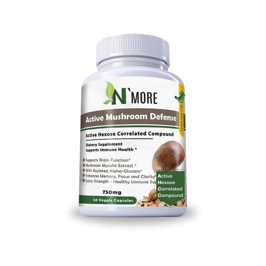 N' MORE Six Active Mushroom Defense Dietary Supplement Supports Immune Health 60 Veggie Capsules 750 mg