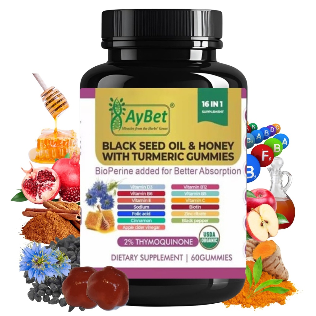 Black Seed Oil & Honing with Turmeric Gummies with BioPerine, Apple Cider Vinegar, Biotin, Zink & Vitamins C D3 B12 