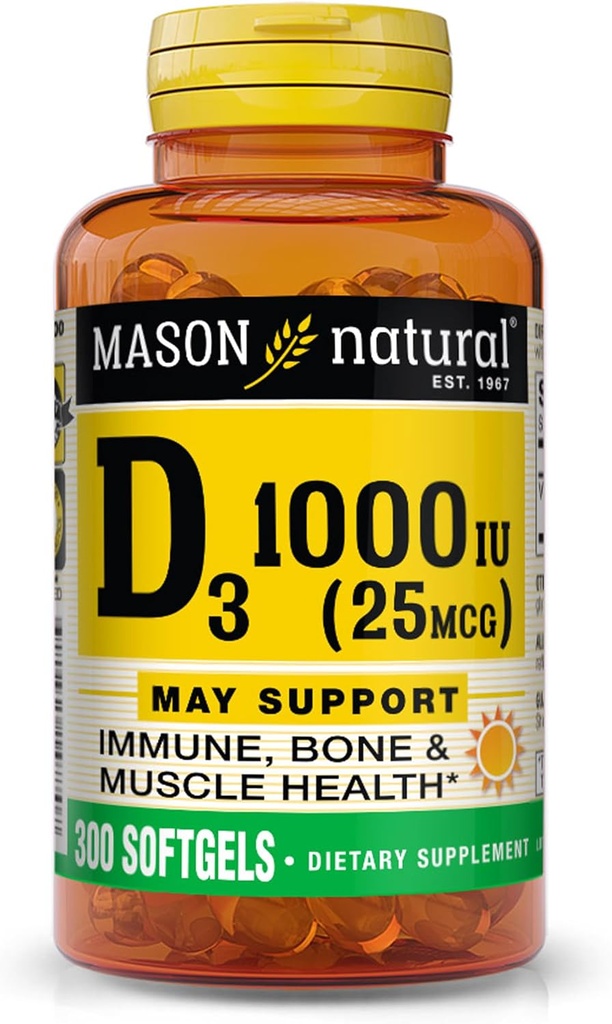 MASON NATUURLIJKE Vitamine D3 25 mcg (1000 IE), ondersteunt totale gezondheid, versterkt botten en spieren, van visleverolie, 300 Softgels
