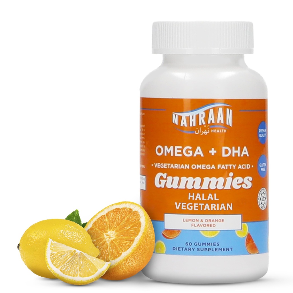 Halal Omega 3 voor volwassenen en kinderen - Omega 3 Vegetarische Gummies met citroen- en sinaasappelsmaak - Volwassenen en kinderen Gummies - 60 Tel.