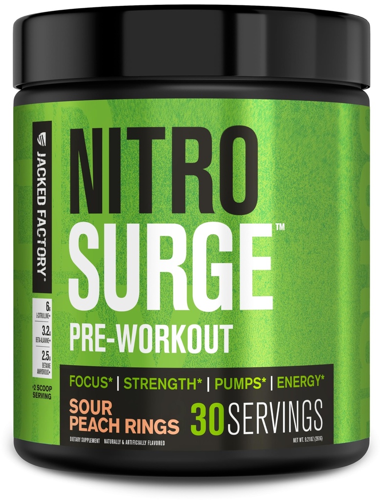 Supplément de pré-entraînement Jacked Factory NITROSURGE - Endless Energy, Instant Strength Gains, Clear Focus, Pompes Intenses - NO Booster & Powerful Preworkout Poudre d'énergie - 30 Servants, Anneaux de pêche acides