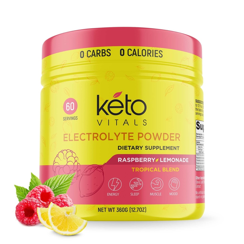 Keto Vitals Electrolytes Powder - Sugar Free Keto Electrolytes Powder with Kalium, Magnesium, Natrium, & Calcium - No Sugar Electrolyte Drink Mix & Hydration Powder, 60 Serves, Raspberry Limonade