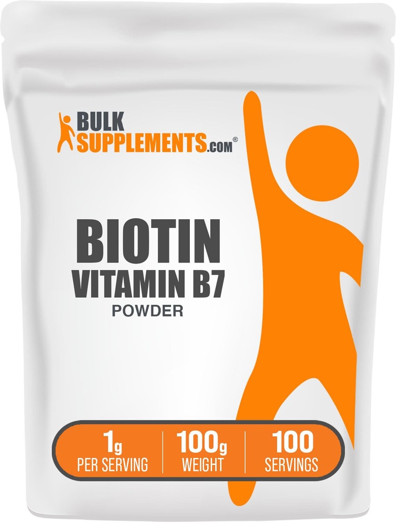 BulkSupplements.com Biotin 10000mcg Poudre - Vitamine B7, Vitamines pour cheveux, peau et ongles - Sans gluten, 1g par portion (10mg Biotin), 100g (3,5 oz) (paquet de 1)