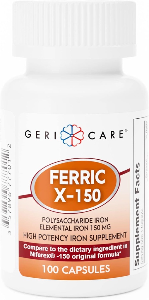 GeriCare Ferric X-150 High Potency Polysaccharide Iron Supplement, Elemental Iron Capsules, 100 Telling (pack van 1)