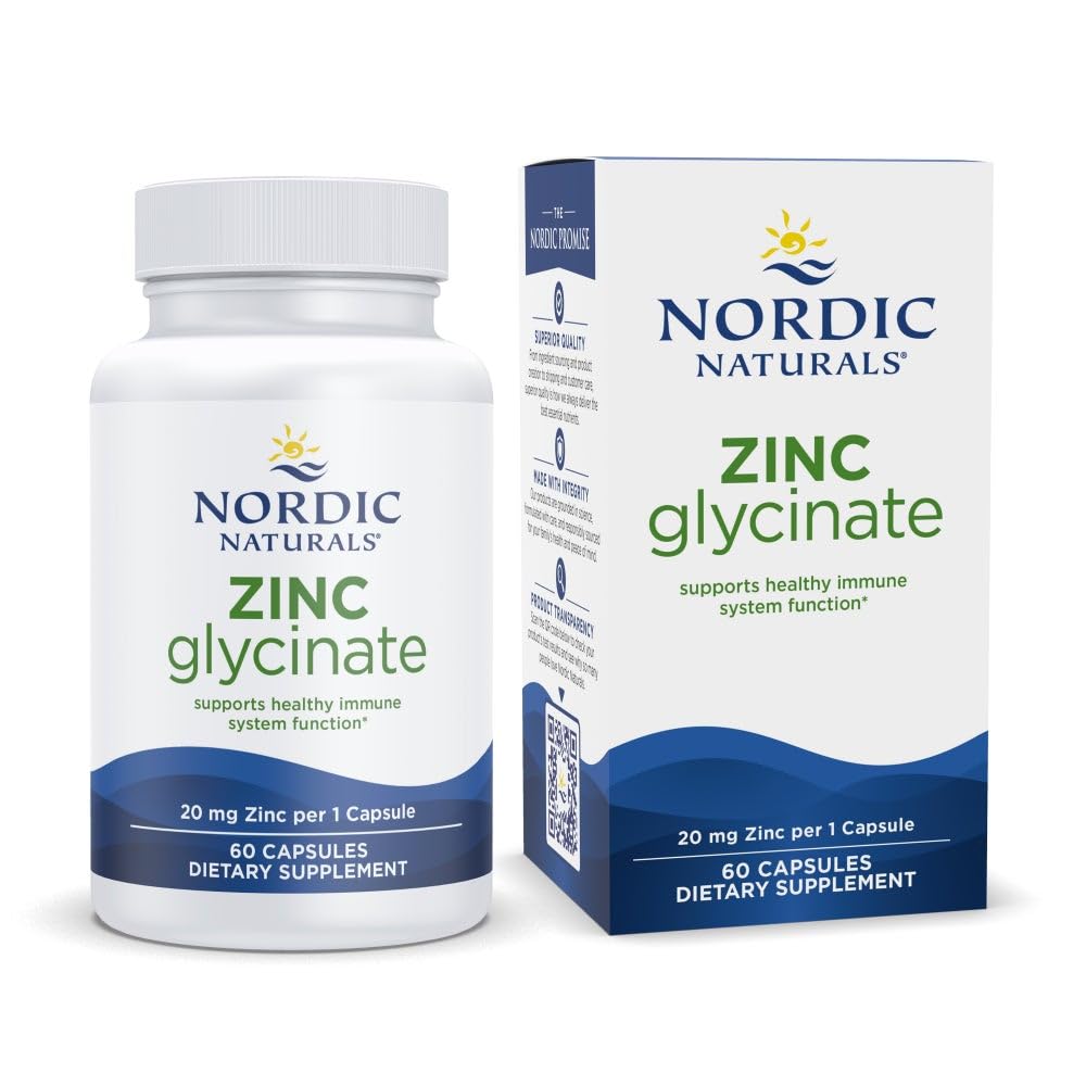 Nordic Naturals Zink Glycinate - 60 Capsules - 20 mg Zeer absorberend Zink Glycinate - Optimale Wellness - Non-GMO, Glutenvrij, Veganistisch - 60 Servers