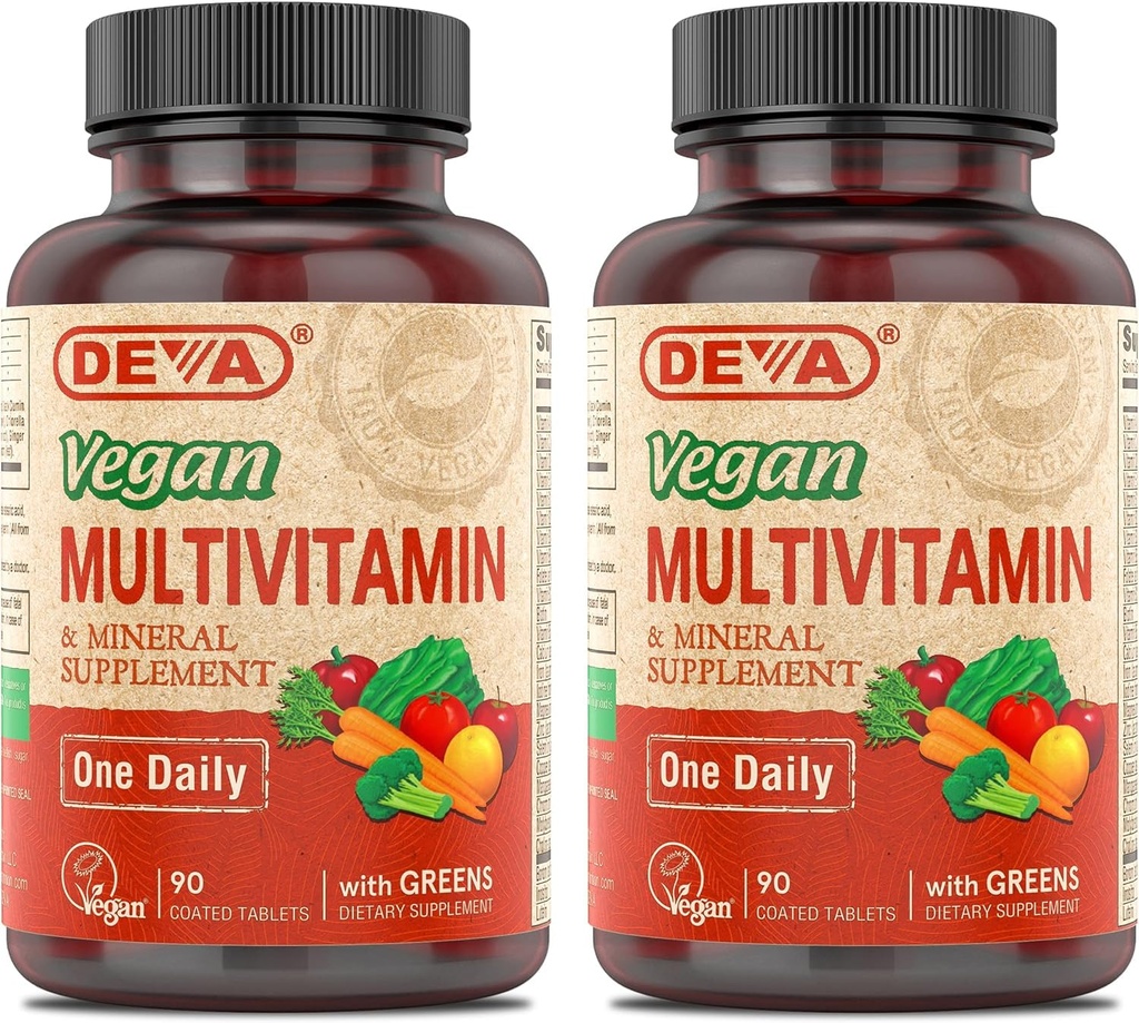 DEVA Vegan Multivitamine & Mineraal Supplement met ijzer 2-pack, Spirulina, Chlorella, Ashwagandha, Broccoli & Meer, 90 gecoate tabletten Elk